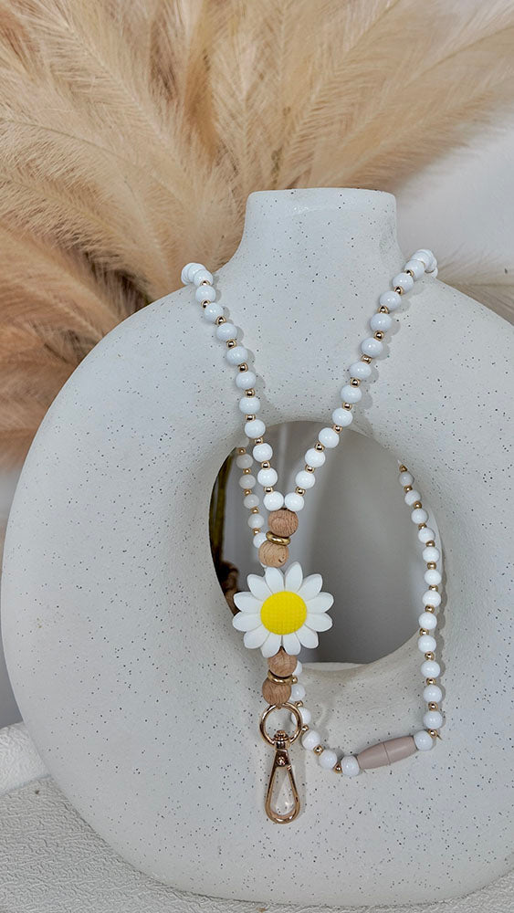 White Flower - Beaded Lanyard White