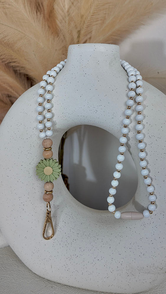 Sage Flower - Beaded Lanyard White