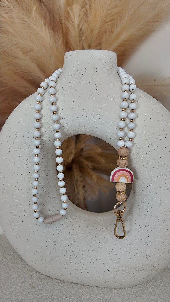 Pink Rainbow - Beaded Lanyard White