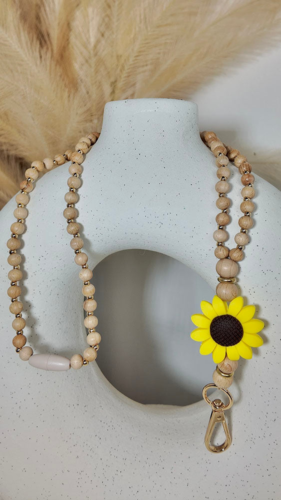 Yellow Flower - Beaded Lanyard Brown
