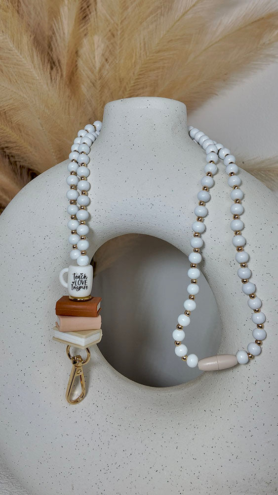 Teach Love Inspire - Beaded Lanyard White