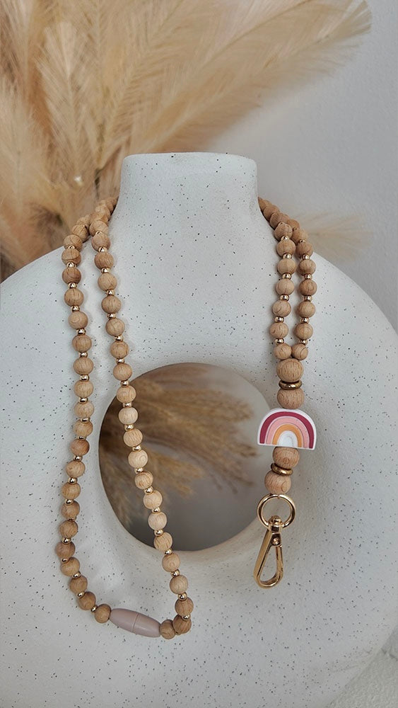 Pink Rainbow - Beaded Lanyard Brown