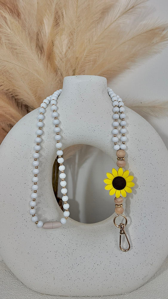 Yellow Flower - Beaded Lanyard White