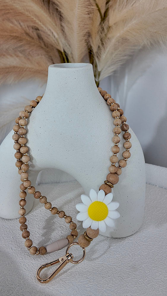 White Flower - Beaded Lanyard Brown
