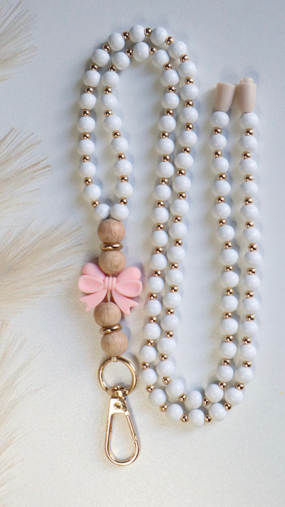 Pink Bow - Beaded Lanyard White