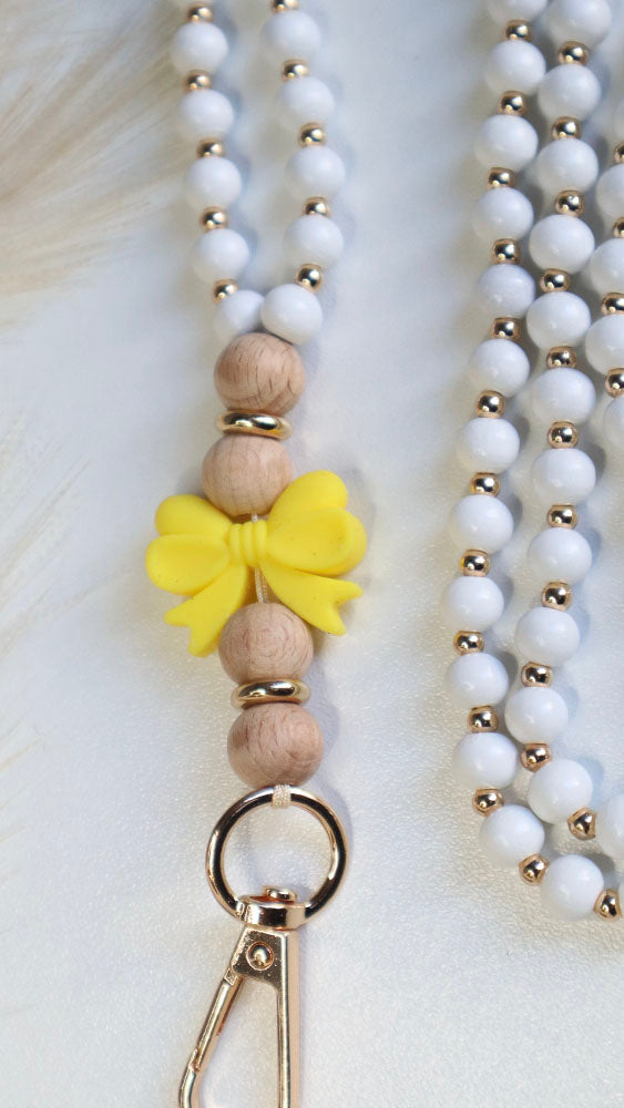 Yellow Bow - Beaded Lanyard White