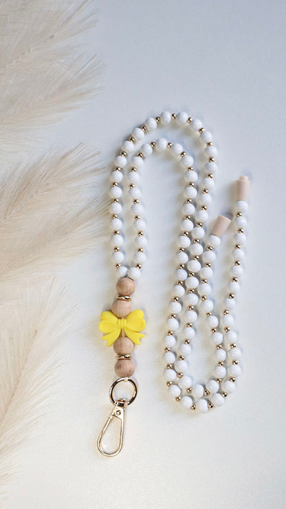 Yellow Bow - Beaded Lanyard White