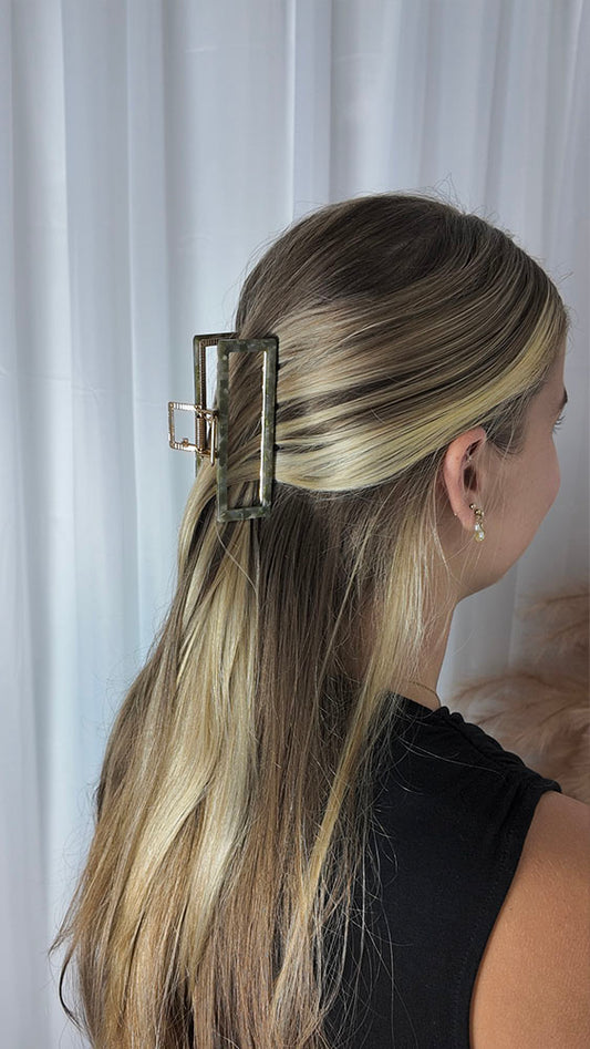 Green Marble Rectangle Hair Clip - Metal Regular