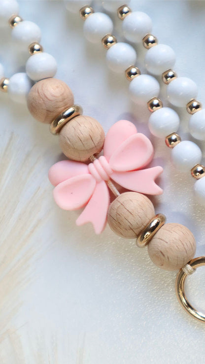 Pink Bow - Beaded Lanyard White