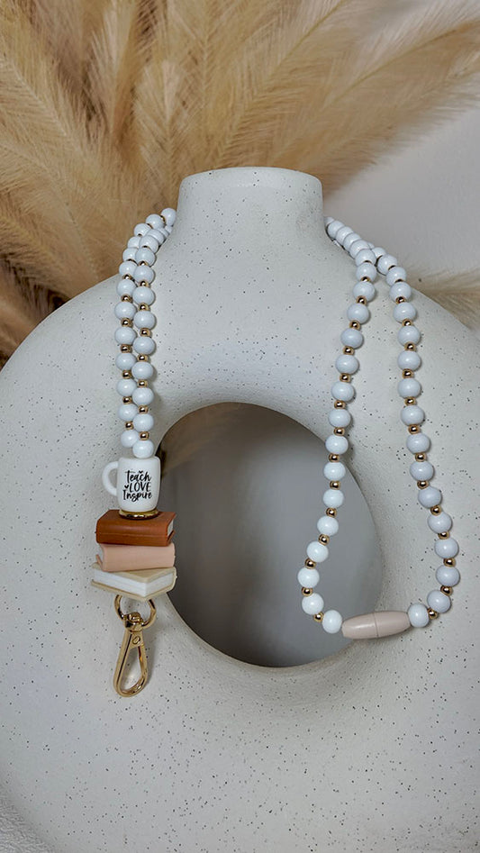 Teach Love Inspire - Beaded Lanyard White