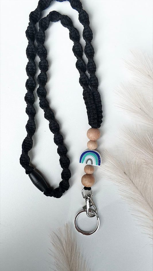 Blue Rainbow - Black Macrame Lanyard